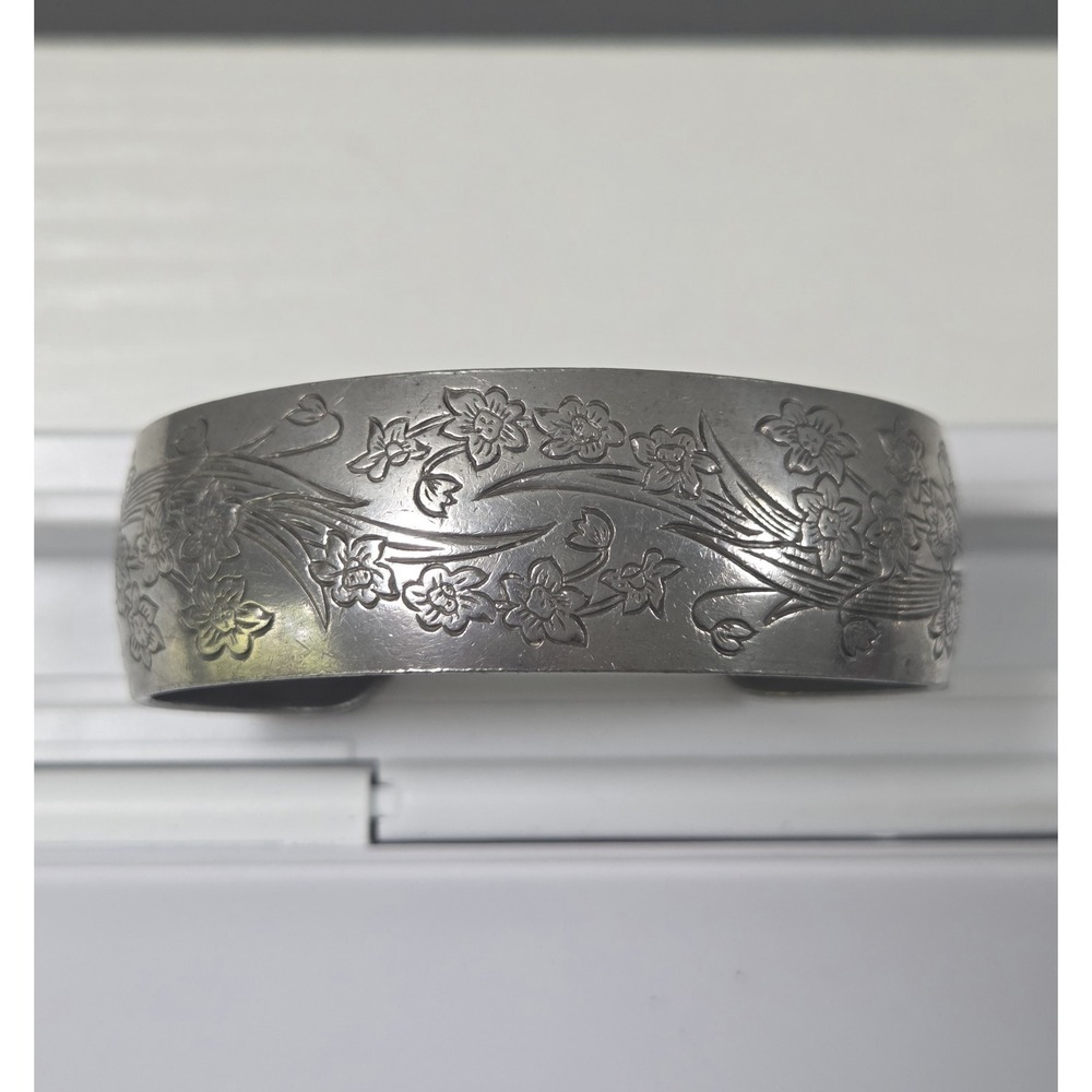 Kirk Stieff Pewter Cuff Bracelet Lily of the Valley Vintage Signed
